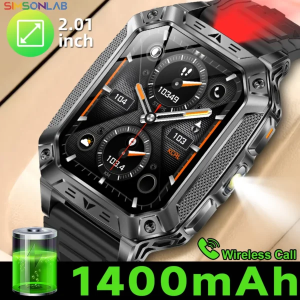 S1cdbaaf8321c48c1bdf5b2982199d51eY.webp 2026 Military Smartwatch 2.01''Color Screen Outdoor Sports Watch for Men SOS Red Alarm Flashing Flashlight Health Monitor IP68