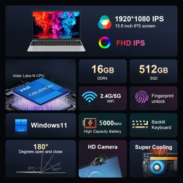 S1f30313b182c45e5b69ff162f243839f5.webp AKPAD KR159 N5095 15.6" Laptop, Up To 32GB RAM 2TB Windows 10/11 Pro, Black Backlit English Russian Keyboard Portable Notebook