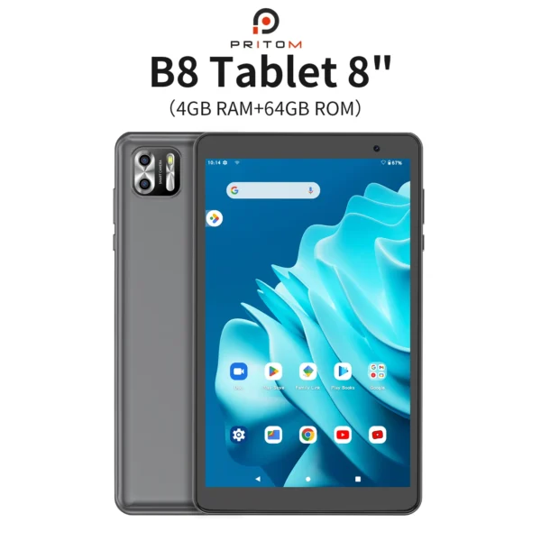 PRITOM 8 Inch Tablet Android 14, 8GB(4+4 Expand) RAM 64GB ROM,1TB Expand,1280x800 IPS Screen 5000MAH Battery,Dual Camera, WiFi
