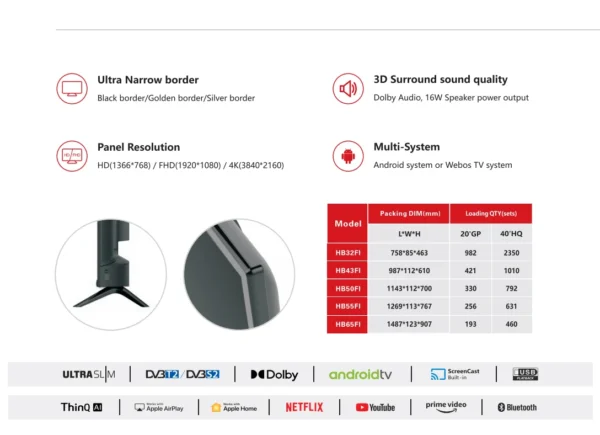 LED Smart TV with WiFi & for Bluetooth 4K UHD Frameless TV Available in Sizes 32inch and Larger for Hotels