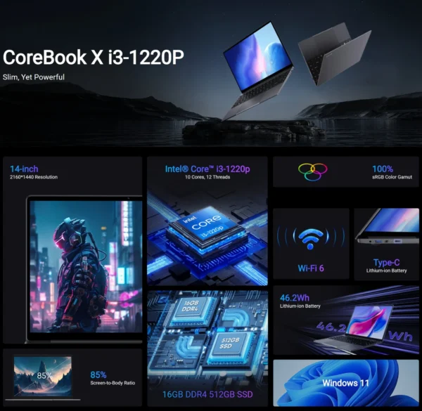 S305c622853ef45c69f51e511e844d4909.webp CHUWI CoreBook X 16GB 512GB Laptop Windows 11 Intel Core i3 1220P Up to 4.4GHz 14inches 2K Portable PC 46.2Wh WiFi 6 BT 5.2