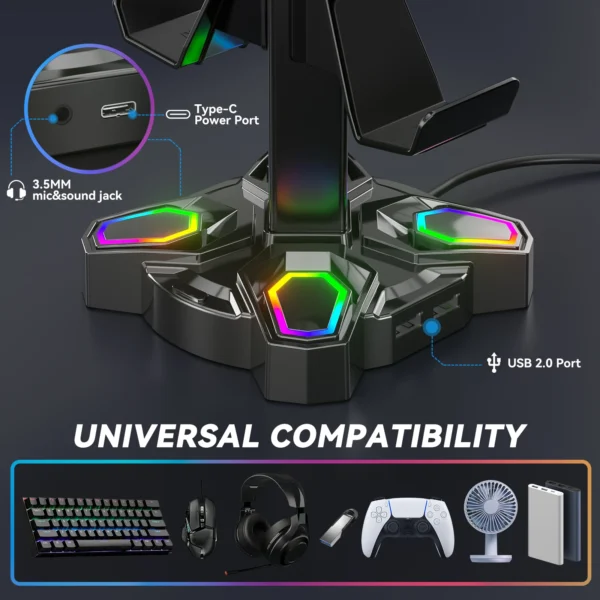S32f7f64e4e4147dabfaece673462a6b4Q.webp For Gaming Headphones Stand Rotatable Headset Stand 9 Light Modes Controller Holder with USB Charging Ports Earphone Hanger