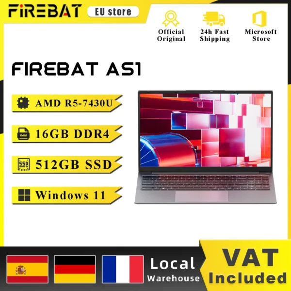 Firebat Laptop AS1 AMD R5-7430U 16GB DDR4 512GB SSD 15.6 Inch IPS Windows 11 Type-C WIFI6 Backlit Full-size Keyboard Notebook
