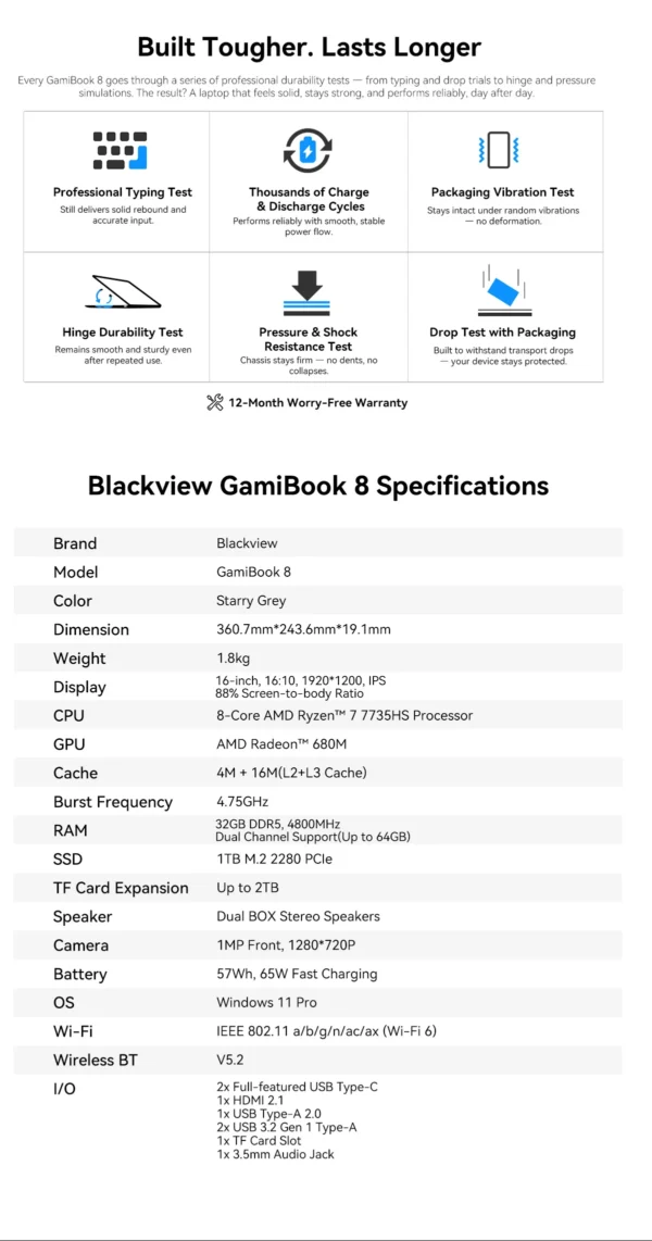 S369249fb721a42a58df512f2e3625a57D.webp BLACKVIEW GamiBook 8 Laptop AMD R7 7735HS 16" IPS 1902*1200 32GB DDR5 1TB SSD 57Wh Windows 11 Pro Backlit Keyboard BT5.2 PC