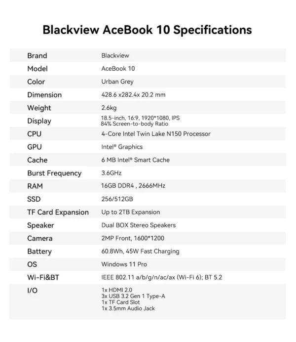 S383b8b19db4440e991554be1bbaffa4dZ.webp Blackview Laptop AceBook 10 16GB DDR4 512GB SSD 4-Core Intel Twin Lake N150 18.5'' LCD Display Computer Windows 11 Pro IPS