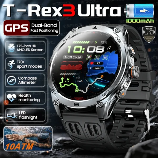 S39ace83a3eee452c8b5d336d725379fdl-1.webp 2025 New Military T-Rex 3 Ultra GPS Smart Watch 1000mAh Battery 10ATM Waterproof Compass Flashlight Sports trackr Smartwatch Men