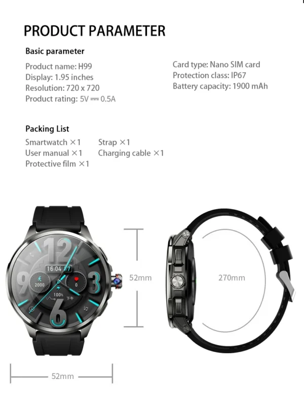 S3a21bfc7a31347ed9cbf7d06cda3ef17b-1.webp Original H99 Smart Watch Android Watches Amoled Smartwatch With 190° Rotary Camera Google Play Store 1.95inch Amoled Screen