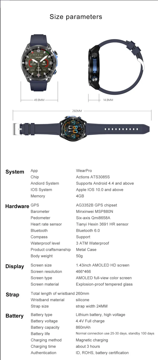 S42cf6de6135942daab0a5254fa7ec1252.webp 2025 Military Offline map 1000mAh Battery Smart Watch 4GB Big Memory GPS Navigation MP3/MP4 Player Swim Sports trackr Smartwatch