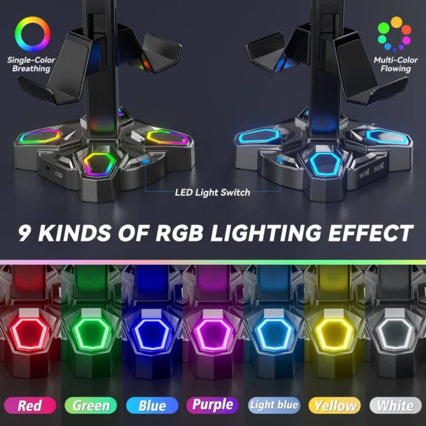 S47e766f3baf54523b3ab5742bf3003fdk.webp For Gaming Headphones Stand Rotatable Headset Stand 9 Light Modes Controller Holder with USB Charging Ports Earphone Hanger