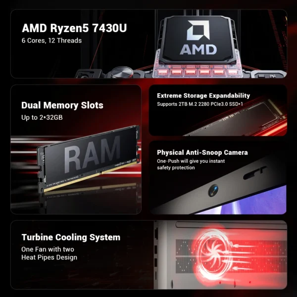 Firebat Laptop AS1 AMD R5-7430U 16GB DDR4 512GB SSD 15.6 Inch IPS Windows 11 Type-C WIFI6 Backlit Full-size Keyboard Notebook