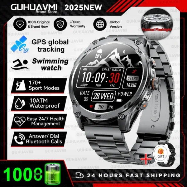 S5002e7ef9fe64523bd01229a8ac22f52v-2.webp 2025 New Military T-Rex 3 Ultra GPS Smart Watch 1000mAh Battery 10ATM Waterproof Compass Flashlight Sports trackr Smartwatch Men