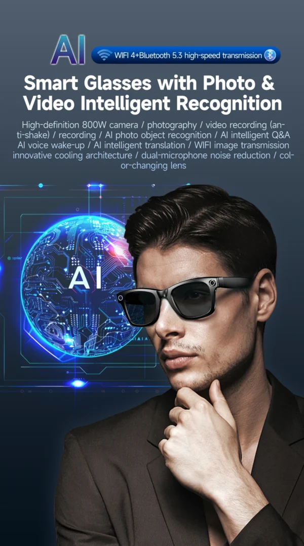 LIGE New Camera SunGlasses 800w Pixel Camera Recording Noise Reduction Ai Recognition Translation Anti Blue Light Smart Glasses