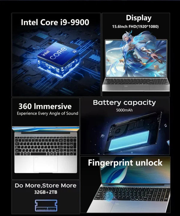 S577e6bfd204a4c13afe96c5a600728a8d.webp NEW 15.6" Laptop Intel Core I9-9900 32GB 2TB Windows 11 Gaming Computer PC Gamer Office Study Ultra Slim Notebook 1920*1080 HD