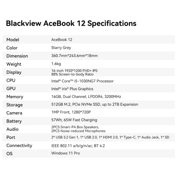 Blackview Acebook 12  Win 11 Pro Laptop 16'' 1920*1200 Display, Intel I5-1030NG7/I5-12450H Notebook, 16GB 512GB, 5000mAh