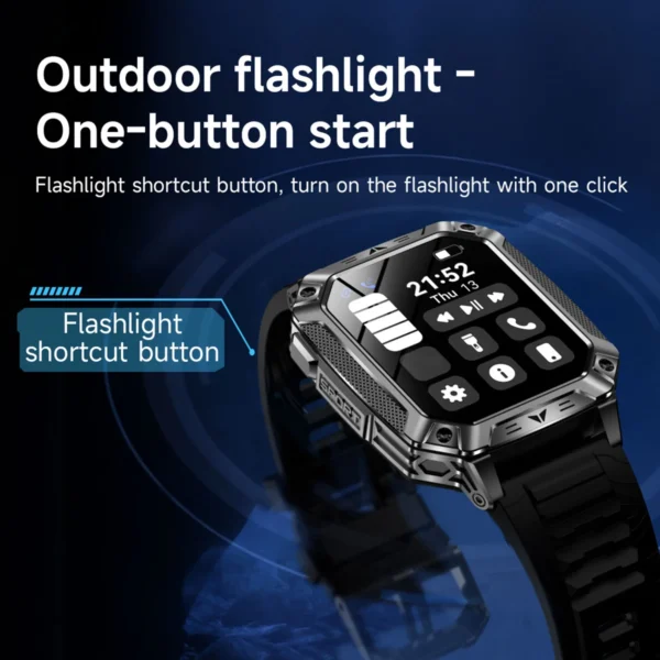S5df93adc530d46488d62334f4aa14d8fv.webp 2026 Military Smartwatch 2.01''Color Screen Outdoor Sports Watch for Men SOS Red Alarm Flashing Flashlight Health Monitor IP68