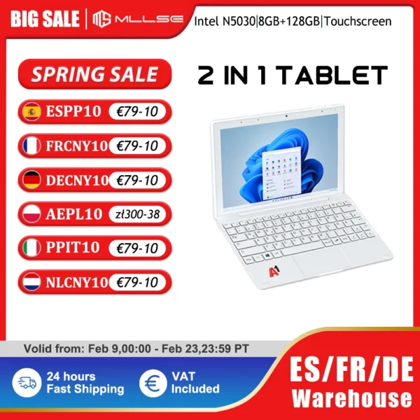 S5f6fb2b96baf4c8b99cd7676fdb6ba22t.webp MLLSE 2 In 1 Tablet PC Windows 10 8GB DDR4+128GB SSD Intel N5030 10.1inch IPS Screen WIFI Mobile Office Tablet PC with Keyboard