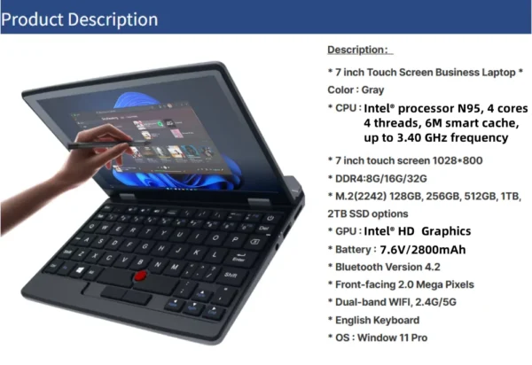 7 inch Mini Laptop Intel Procesador N95 8G 16G RAM 256GB SSD With Touch Screen Pocket Netbook Windows 11 Notebook Pc Portable