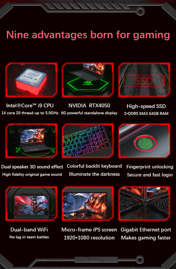 YSJMNPC Gaming Laptop Computer Intel Core i9-13900H NVIDIA RTX 4050 6G 16 Inch IPS 2*DDR5 MAX 64GB 2*M.2 PCIE SSD WIFI Windows11