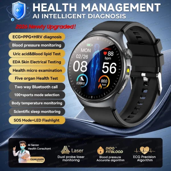 S6469b74a779f40d28809b37349a6b4427-1.webp 2026 New Accurate Blood Lipid Uric Acid Test Smart Watch Men Women ECG Blood Pressure Body analysis Voice Call Health Smartwatch