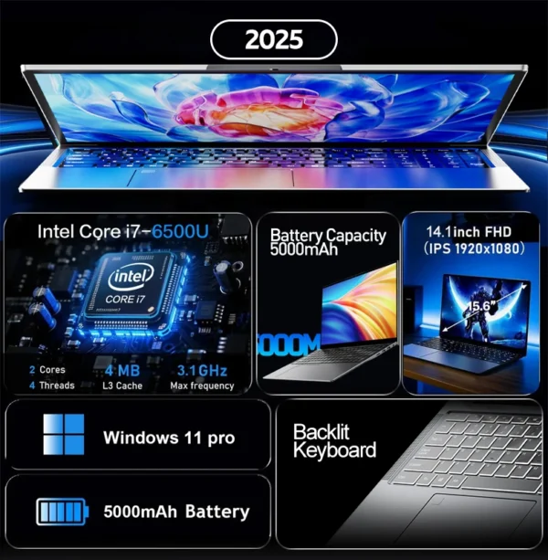 S6c004d2f95114bc2bb640f8daba0cfc8d.webp 2026 Intel Core i7-6500U 14.1 "laptop 32GB RAM 2048GB SSD ROM 5000mAh Windows 11 Pro 3-year warranty portable laptop