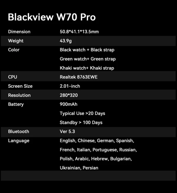 Blackview W70 Pro Outdoor Sport Smart Watch, IP68 Waterproof Smartwatch 2.01-inch TFT Screen, 900mAh Battery, Bluetooth Talking