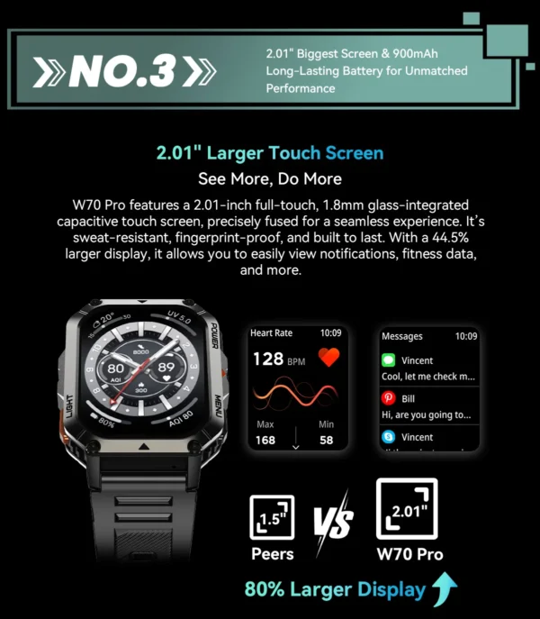 Blackview W70 Pro Outdoor Sport Smart Watch, IP68 Waterproof Smartwatch 2.01-inch TFT Screen, 900mAh Battery, Bluetooth Talking