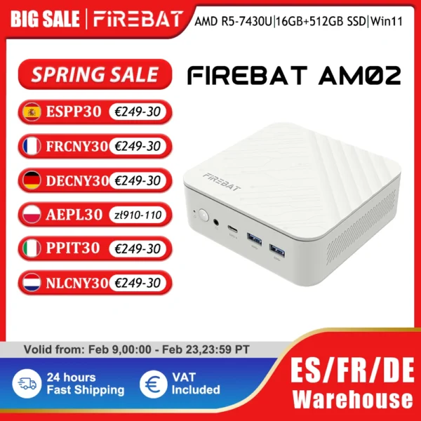 FIREBAT AM02 MINI PC AMD Ryzen 5 7430U Windows 11 Mini PC 16GB DDR4 3200MHz 512GB SSD Wifi 6 BT5.2 HDMI 2.1 Desktop Computer