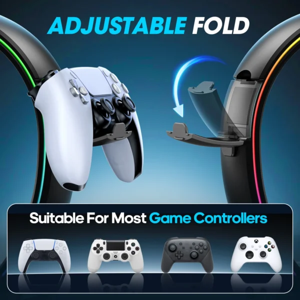 S89c89d2d6781431eaf71851f86a89ea98.webp Headphone & Controller Stand with 9 Light Modes - Foldable Controller Hanger for Desk - Earphone Stand with Cable Organizer