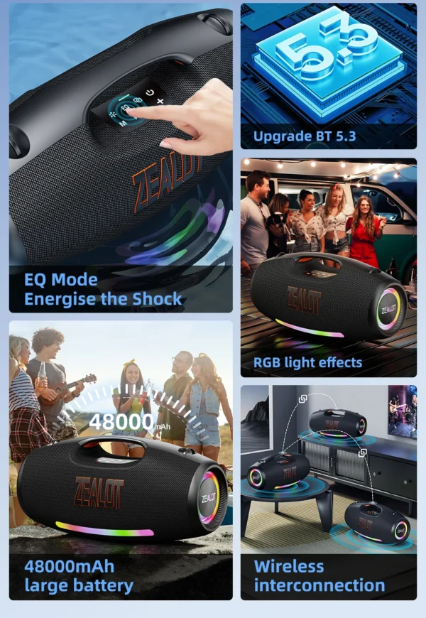 S8fc6c5fc8d164f639676216735000762K.webp ZEALOT S89 Wireless Speaker 250W Portable Outdoor with RGB Color Lights Long 48000mAh Battery up to 8 Hours Playtime