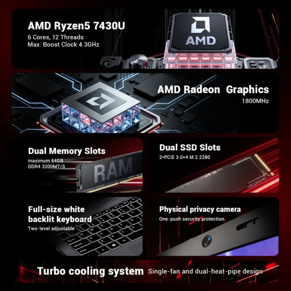 Firebat Laptop AS1 AMD R5-7430U 16GB DDR4 512GB SSD 15.6 Inch IPS Windows 11 Type-C WIFI6 Backlit Full-size Keyboard Notebook