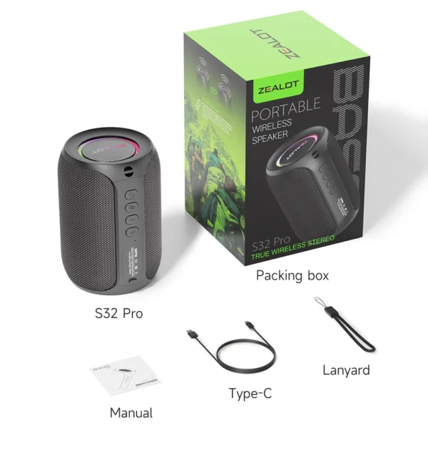 S958a481ee3af4349a8802d32e4c9afb3y.webp Zealot S32 pro Bluetooth Wireless Outdoor Portable Subwoofer Speaker Waterproof IPX6 Dual Pairing 3600mAh Wireless Speaker