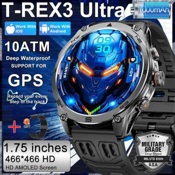 S96d277a6c9064c27b7055ff1a3d15789b.webp 2026 New Military Smart Watch 1000Mah Battery GPS trace Compass 10ATM Waterproof Tactics Sport Flashlight call Smart Watch Men