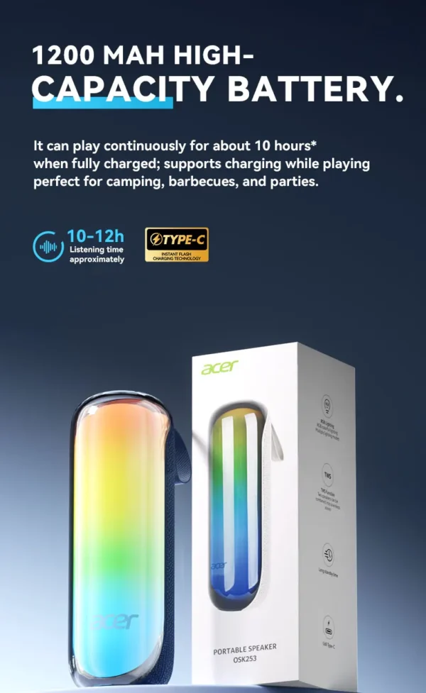 S9b7dbe04035a460db81890e92ebb6257o-1.webp Acer Osk253 Portable Wireless Bluetooth Speaker, with Built-In Dual Speakers and High-Definition Microphone, Supports Tf Card and Fm Radio Function, Comes with Ambient Lighting, High-Quality Wireless Audio