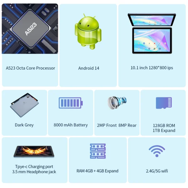 S9cad0f8f4c934b95a4dc9c6c5d25e9f74.webp PRITOM TAB11 Android 14 Tablet 10 Inch, 8GB(4+4 Expand) RAM + 128GB ROM, Octa Core, 5G WiFi, with Keyboard, Mouse, Case