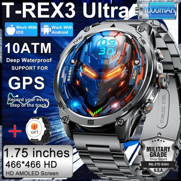 Sa1c2f8c70cfb40caa5577d423ddf347dX.webp 2026 New Military Smart Watch 1000Mah Battery GPS trace Compass 10ATM Waterproof Tactics Sport Flashlight call Smart Watch Men
