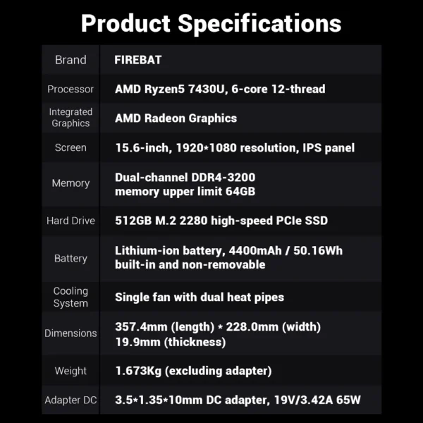 Firebat Laptop AS1 AMD R5-7430U 16GB DDR4 512GB SSD 15.6 Inch IPS Windows 11 Type-C WIFI6 Backlit Full-size Keyboard Notebook