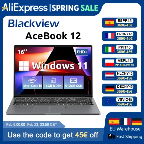 Blackview AceBook 12 Win 11 Laptop 16'' FHD IPS , Intel I5-1030NG7 Notebook, 16GB RAM 512GB SSD, 2-in-1 Fingerprint Power Button