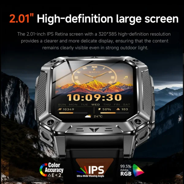 Sa751ec6f94234281855b76c156ddee9e0.webp 2026 Military Smartwatch 2.01''Color Screen Outdoor Sports Watch for Men SOS Red Alarm Flashing Flashlight Health Monitor IP68