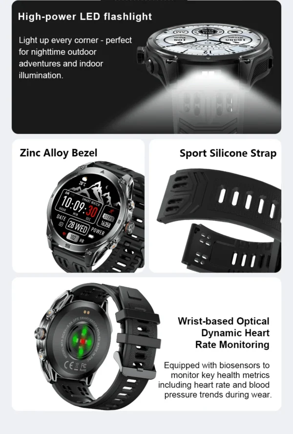 Sace807cf71b84d2d87465875833ee837H.webp 2026 New Military Smart Watch 1000Mah Battery GPS trace Compass 10ATM Waterproof Tactics Sport Flashlight call Smart Watch Men