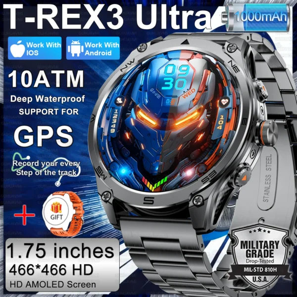 Sad66f4759a5648f6903c6c7e9e48da0bK.webp 2026 New Military Smart Watch 1000Mah Battery GPS trace Compass 10ATM Waterproof Tactics Sport Flashlight call Smart Watch Men