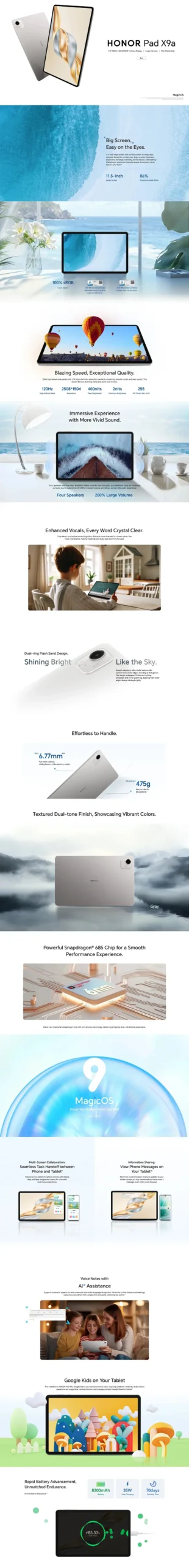 Global Version HONOR Pad X9a Tablet Snapdragon 685 4G 11.5inches 120Hz 2.5K HONOR Fullview Display 8300mAh Battery 8MP Camera