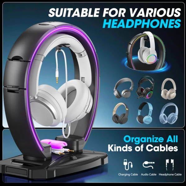 Sae1fa8e494574027a14fa60ab530e6c7i.webp Headphone & Controller Stand with 9 Light Modes - Foldable Controller Hanger for Desk - Earphone Stand with Cable Organizer
