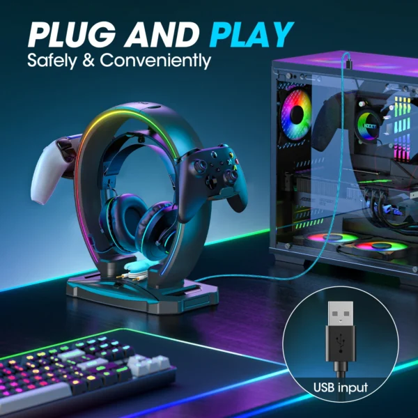 Saee495c11c084ea986e2531f9e7a91a0u.webp Headphone & Controller Stand with 9 Light Modes - Foldable Controller Hanger for Desk - Earphone Stand with Cable Organizer