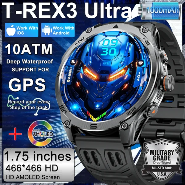 Sba21f246fad044aa925b167ac5543d444.webp 2026 New Military Smart Watch 1000Mah Battery GPS trace Compass 10ATM Waterproof Tactics Sport Flashlight call Smart Watch Men
