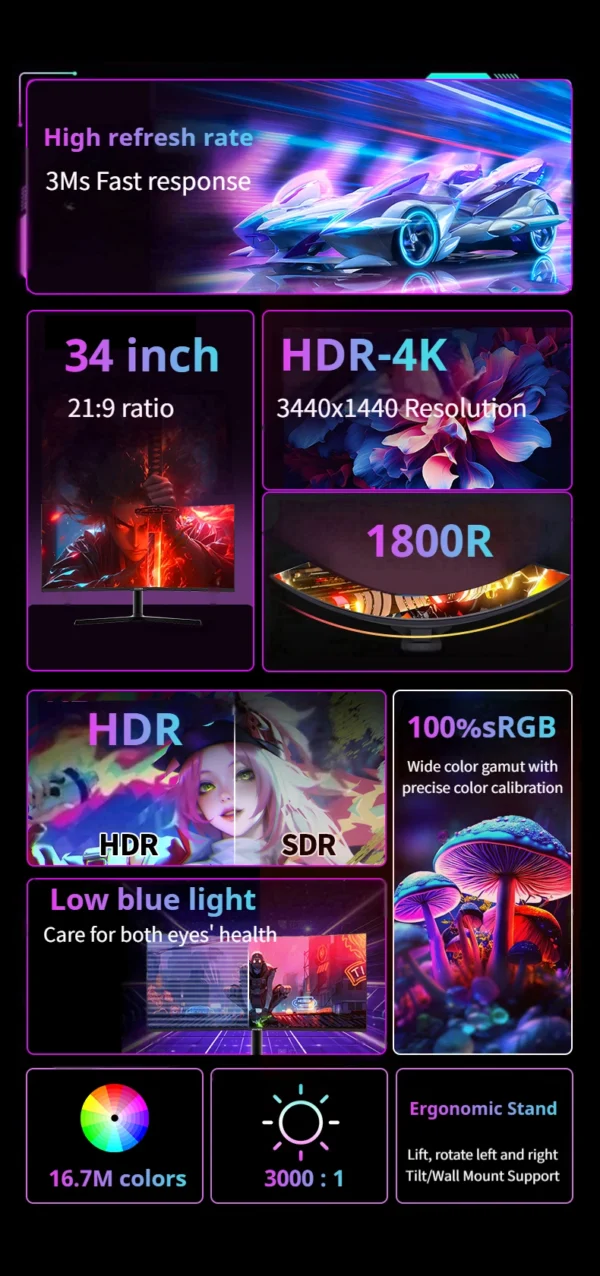Sbf9c0fd8cc194a1b80fdf38b7142fe2ey-1.webp 34" Curved 240Hz Gaming Monitor 4K 1800R Curvature Resolution FreeSync Premium 100% sRGB Ultra-Wide 21:9 Esports Display