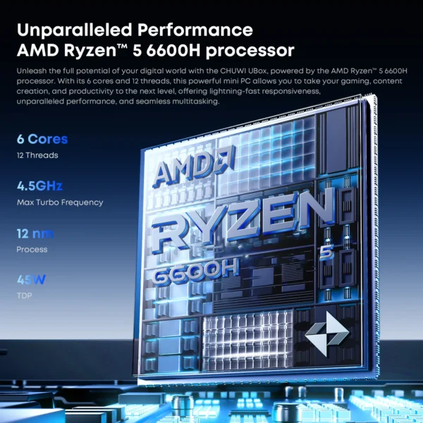 Sc18abdceff384203b95f731093ecbc3fr.webp CHUWI UBox Mini PC AMD Ryzen 5 6600H 16GB DDR5 512GB SSD Windows 11 Pro 4K 240Hz Decording WiFi 6 BT 5.3 Extend M.2 1T*2 650g