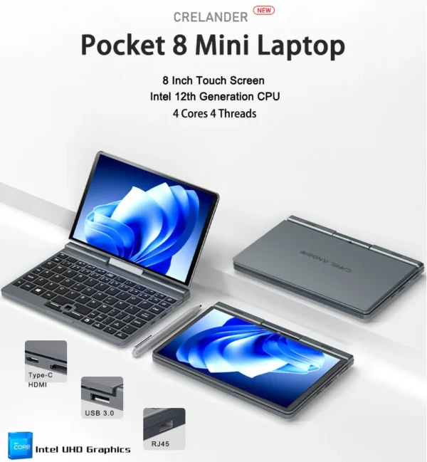 Sc3bdd9c3ba91498684f6a07859d703aco.webp CRELANDER P8 Mini Laptop 8 Inch Touch Screen Intel Lake N150 12GB DDR5 WiFi 6 2 In 1 Laptop Notebook Tablet PC Pocket Laptop