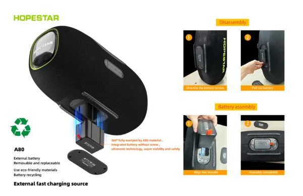 High Quality Hopestar A80 Subwoofer - Portable RGB Speaker with IPX6 Waterproof, Mini Microphone & Rechargeable Battery