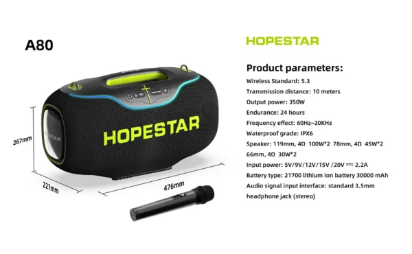 High Quality Hopestar A80 Subwoofer - Portable RGB Speaker with IPX6 Waterproof, Mini Microphone & Rechargeable Battery