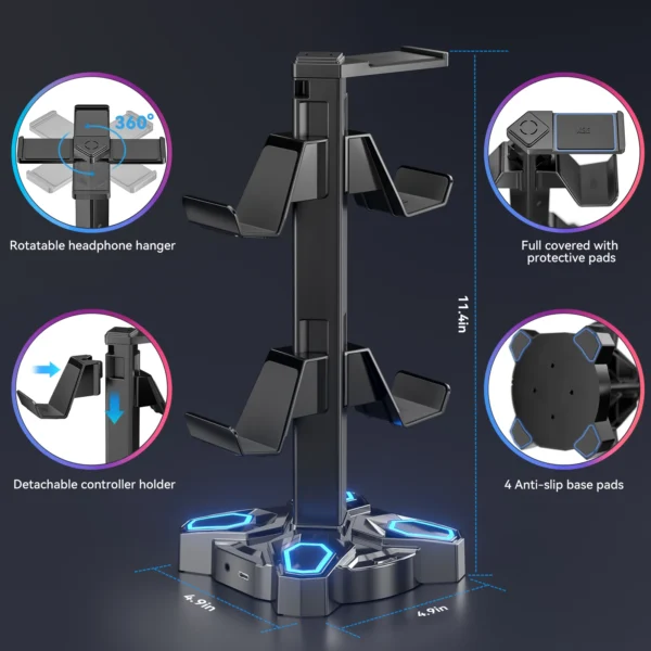 Scd1e7d561a894d5dbc351d36b72dea4bq.webp For Gaming Headphones Stand Rotatable Headset Stand 9 Light Modes Controller Holder with USB Charging Ports Earphone Hanger